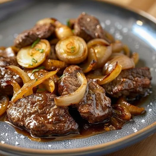 Gesauteerd rundvlees met uien en zoetzure saus op een bord