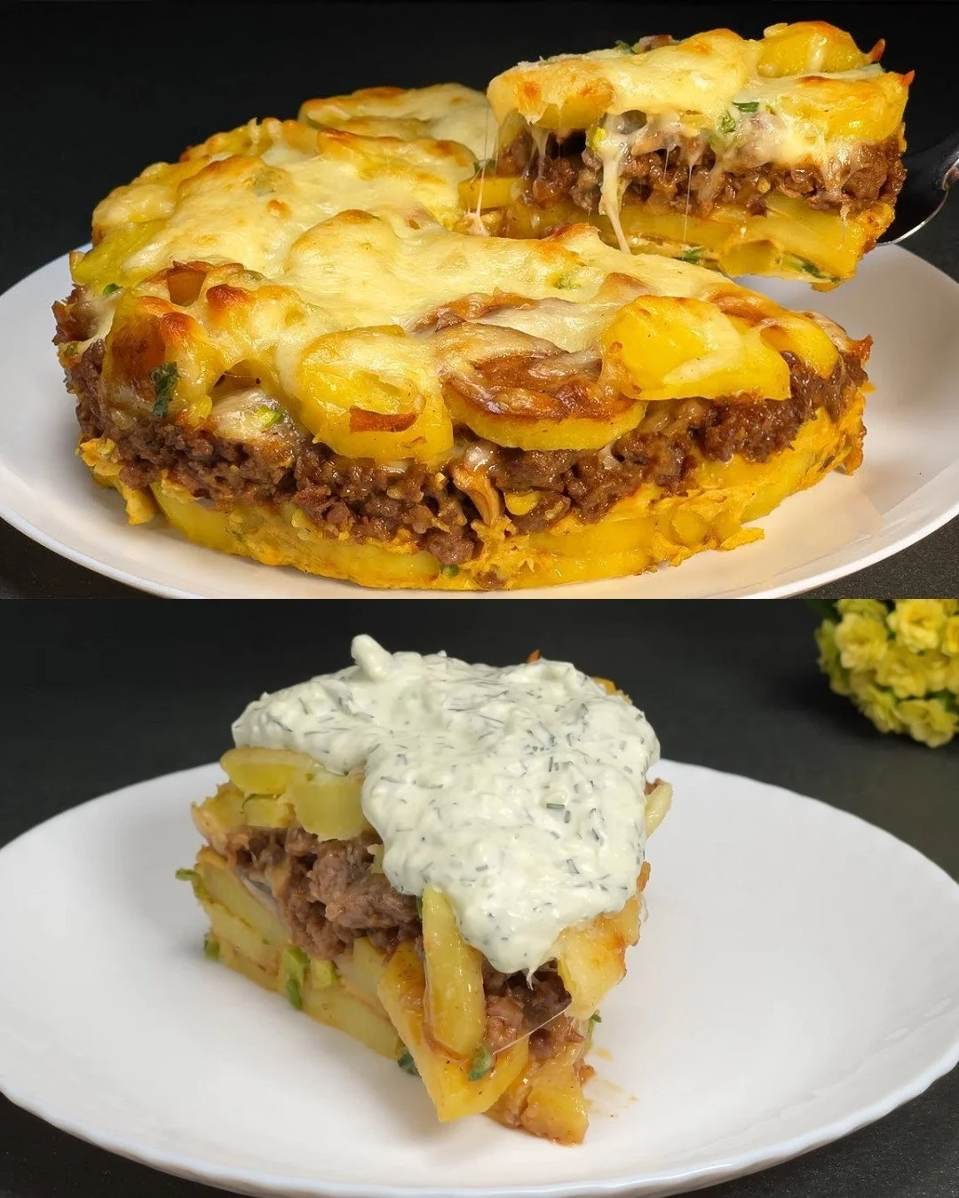 Gevulde aardappel met vlees en knoflook yoghurt saus op een bord