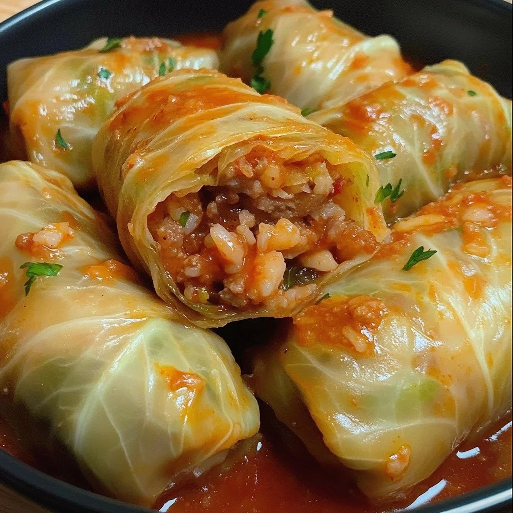 Heerlijke gevulde koolbladeren geserveerd met smaakvolle saus.