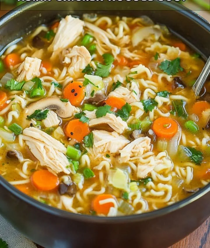 Heerlijke Aziatische kipnoedelsop met verse ingrediënten en smaakvolle kruiden.