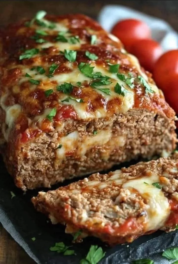 Italiaans kaasgehaktbrood met kaas en kruiden op een bord