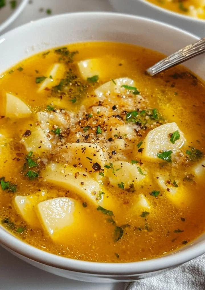 Een kom Italiaanse penicillinesoep met verse ingrediënten en kruiden.