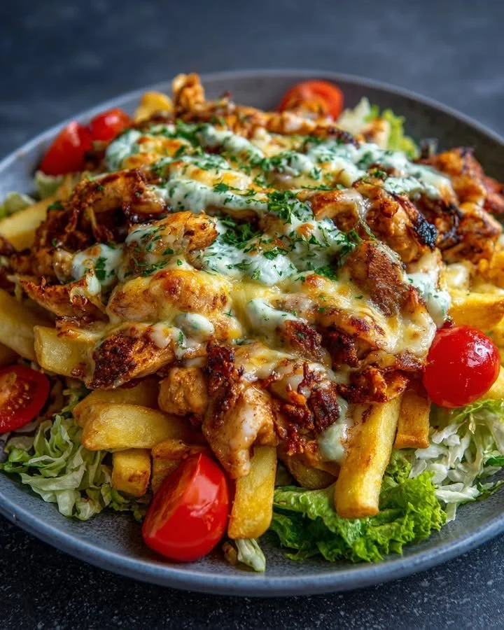 Heerlijke kapsalon-ovenschotel met friet, vlees en gesmolten kaas