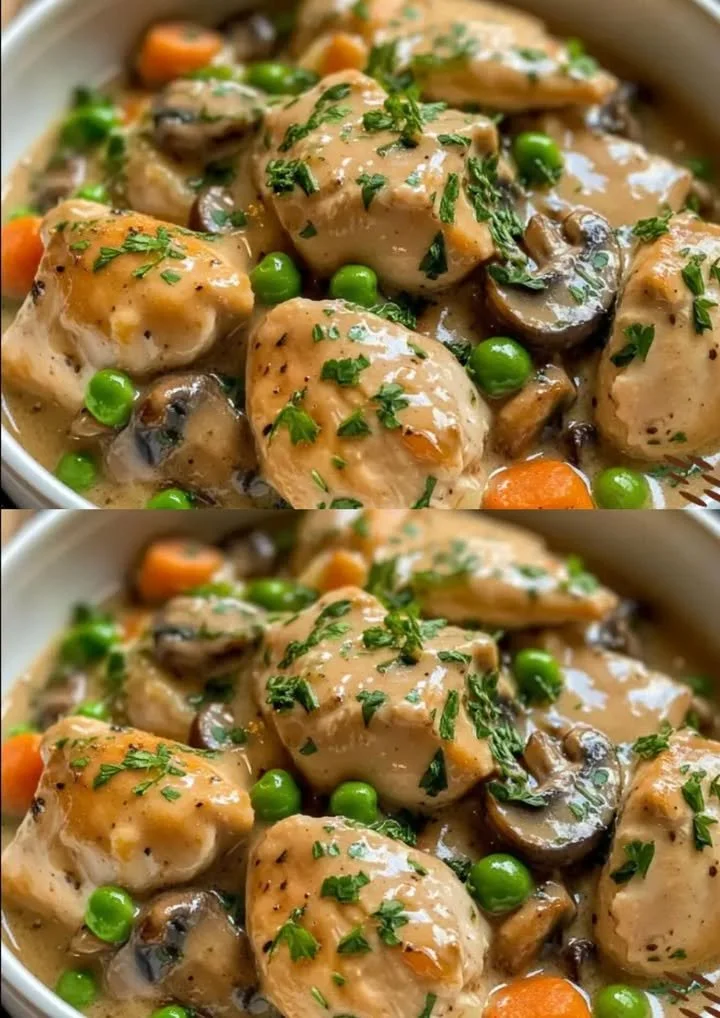 Klassieke Kipfricassée met kip, groenten en romige saus in een schaal.