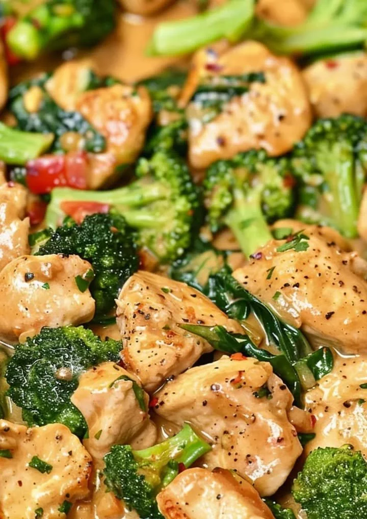Heerlijk gerecht van knoflookkip met broccoli en spinazie op een bord.