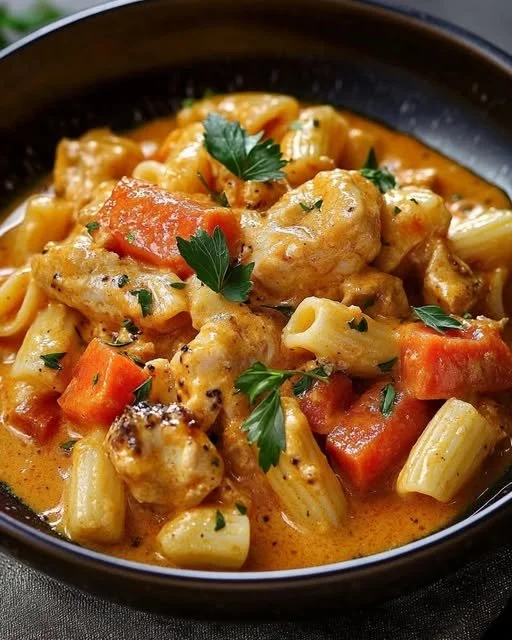 Macaroni met kip-currysaus in een kom, klaar om geserveerd te worden.