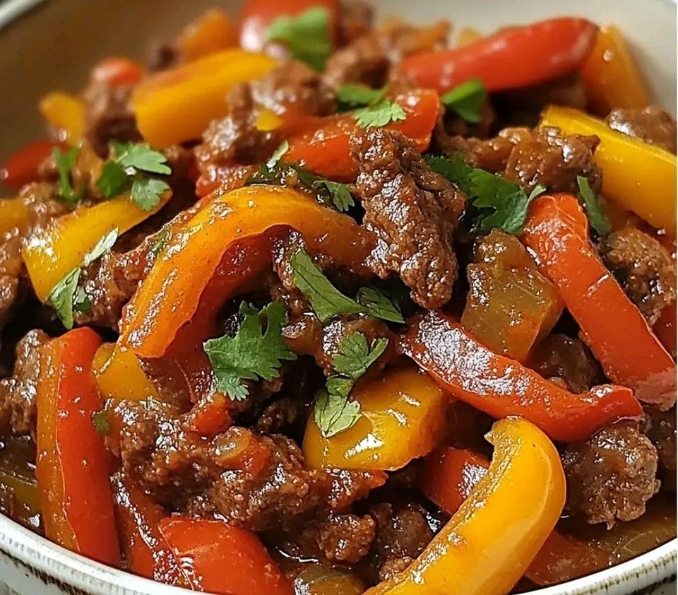 Heerlijk gerecht van Mexicaanse rundvlees en paprika's, kleurrijke presentatie.