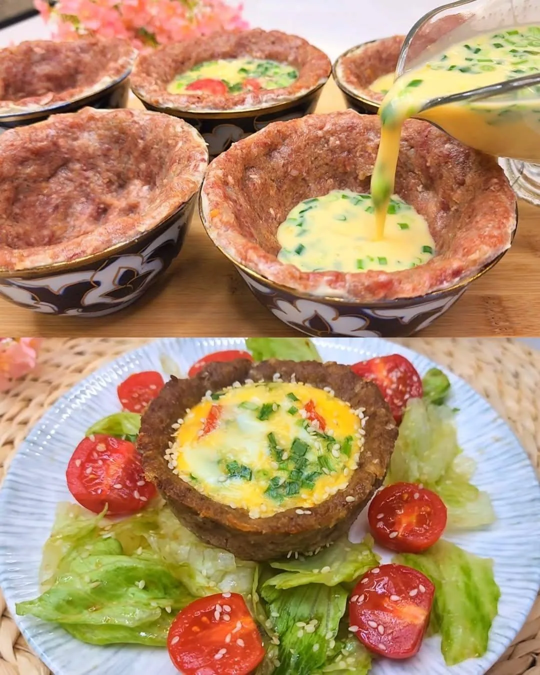 Mini vleesbrood muffins gevuld met ei, kaas, tomaat en geserveerd met coleslaw.