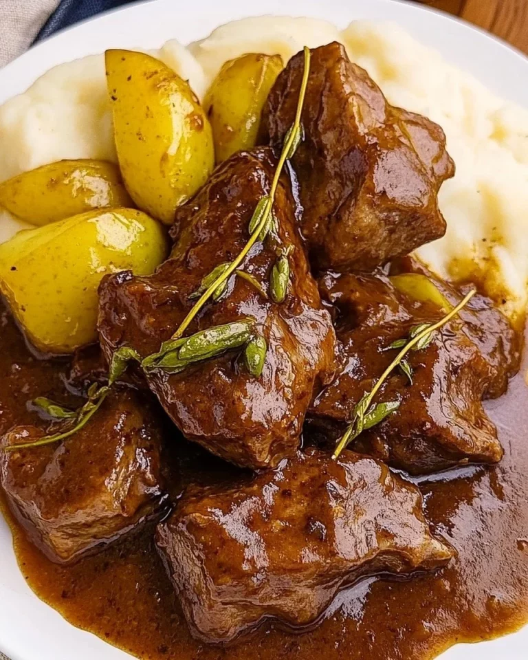 Rundvleesstoofpot met saus en chilipepers, een smakelijk en hartig gerecht.