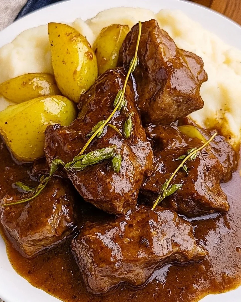 Rundvleesstoofpot met saus en chilipepers, een smakelijk en hartig gerecht.