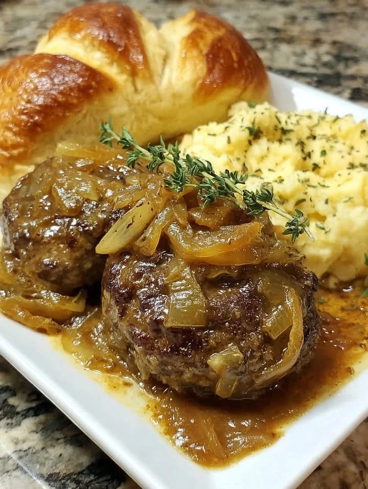 Salisbury steak met uienjus, een smakelijke klassieke maaltijd