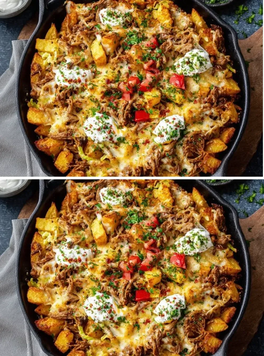 Shoarma-ovenschotel met aardappelschijfjes en knoflooksaus uit de oven