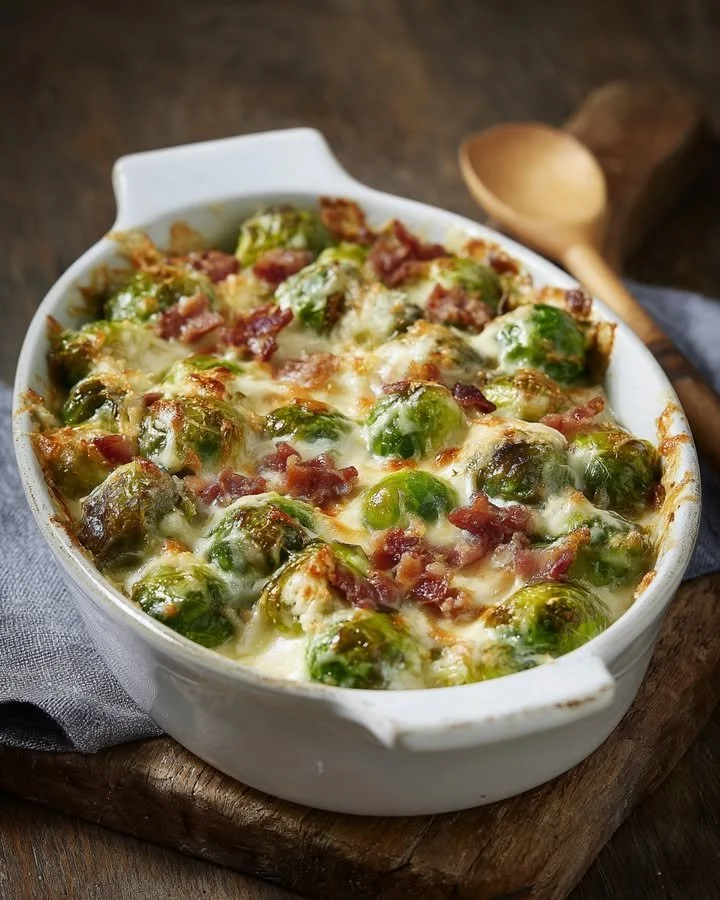 Spruitjes-ovenschotel met spekjes en mosterdsaus uit de oven
