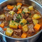 Stoofpot van rundvlees met groenten en kruiden in een royale schaal