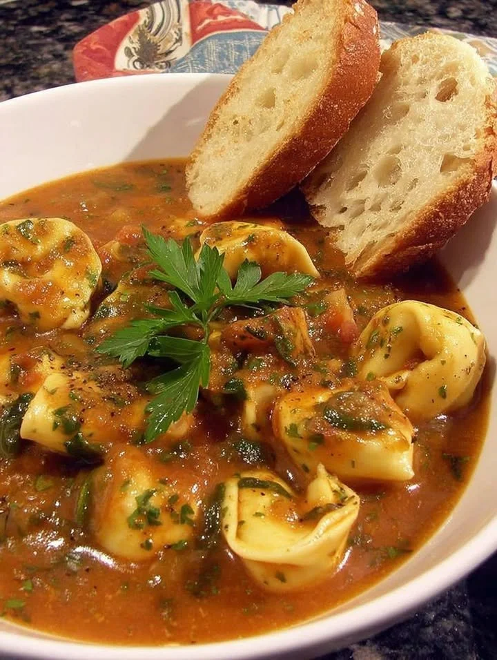 Tortellini in een kom met smakelijke worstsoep.