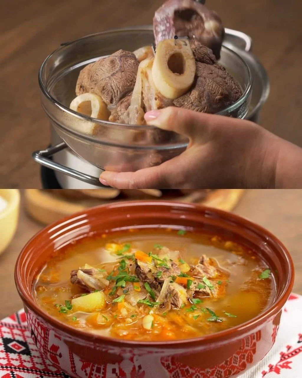 Kom Russische zuurkoolsoep in een schaal met frisse kruiden en ingrediënten