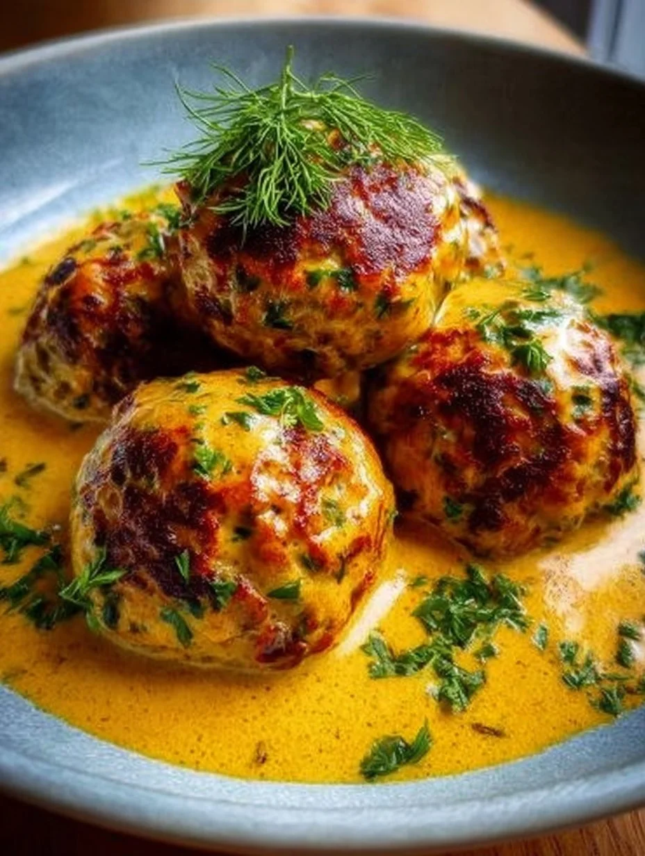 Veganistische linzenknödel in romige currysaus op een bord.