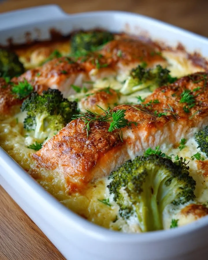 Zalm-ovenschotel met broccoli en Boursin klaar voor de oven
