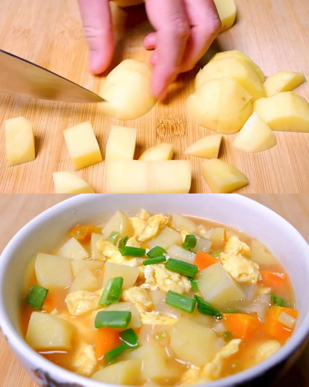 Aardappel, ei en groenten roerbak soep in een kom