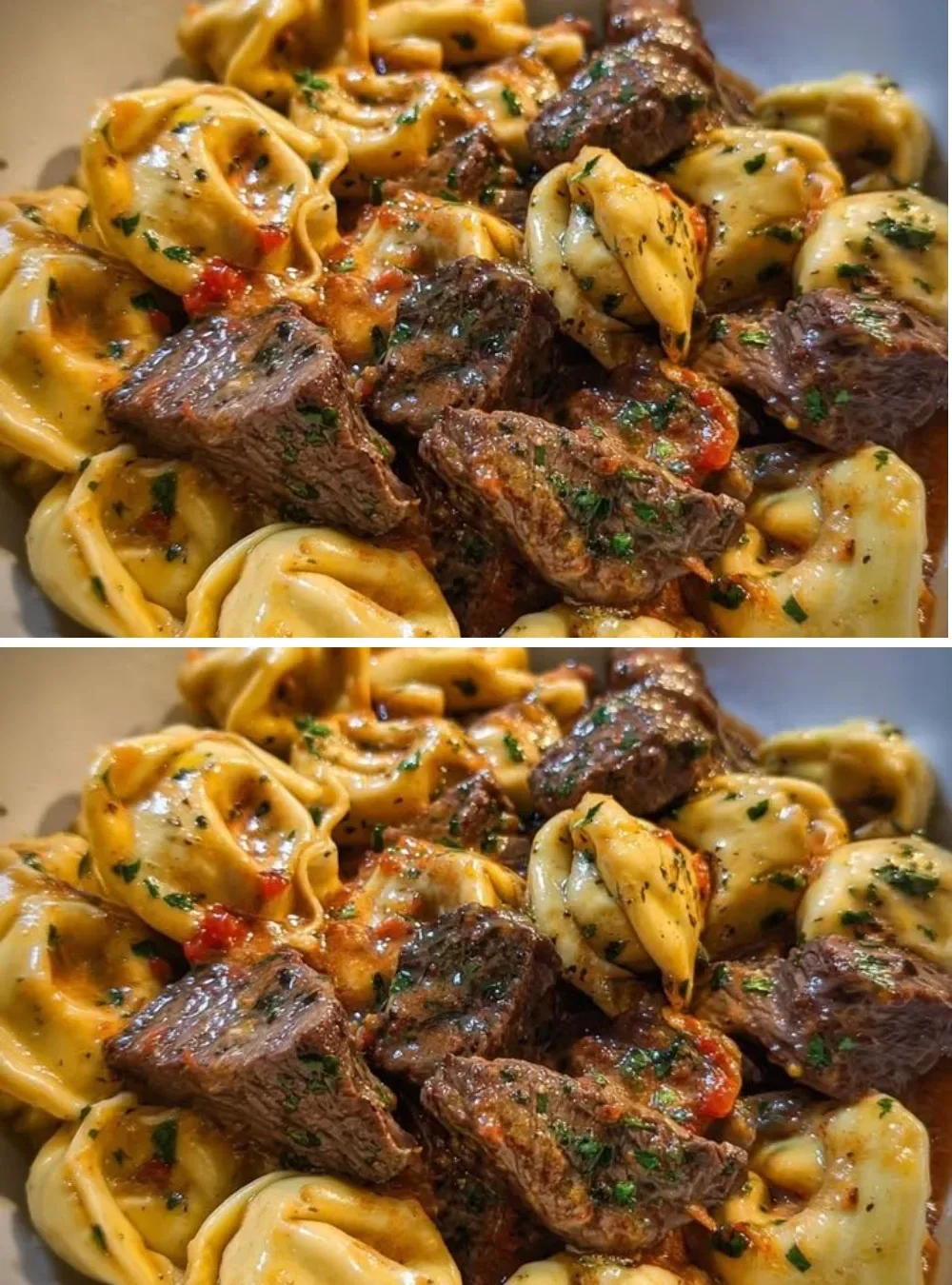 Botermalse steak tortellini met verse ingrediënten en een rijke saus.