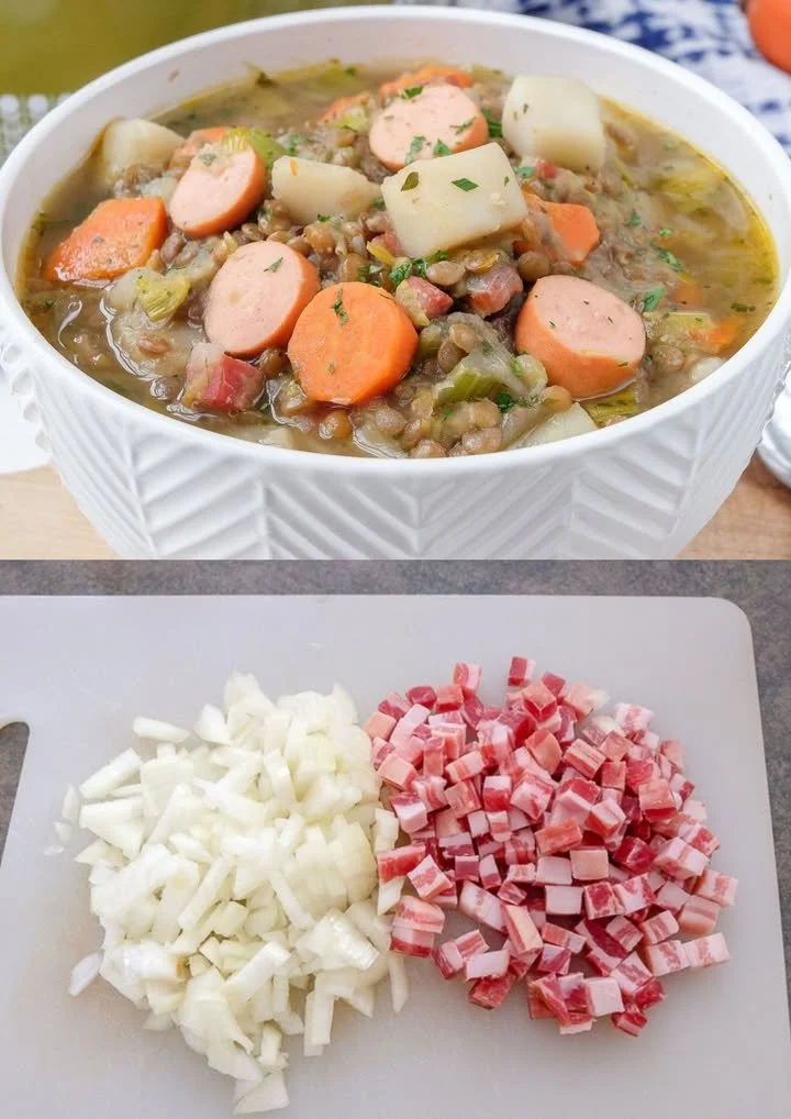 Bord met Duitse linzensoep, heerlijk en voedzaam recept