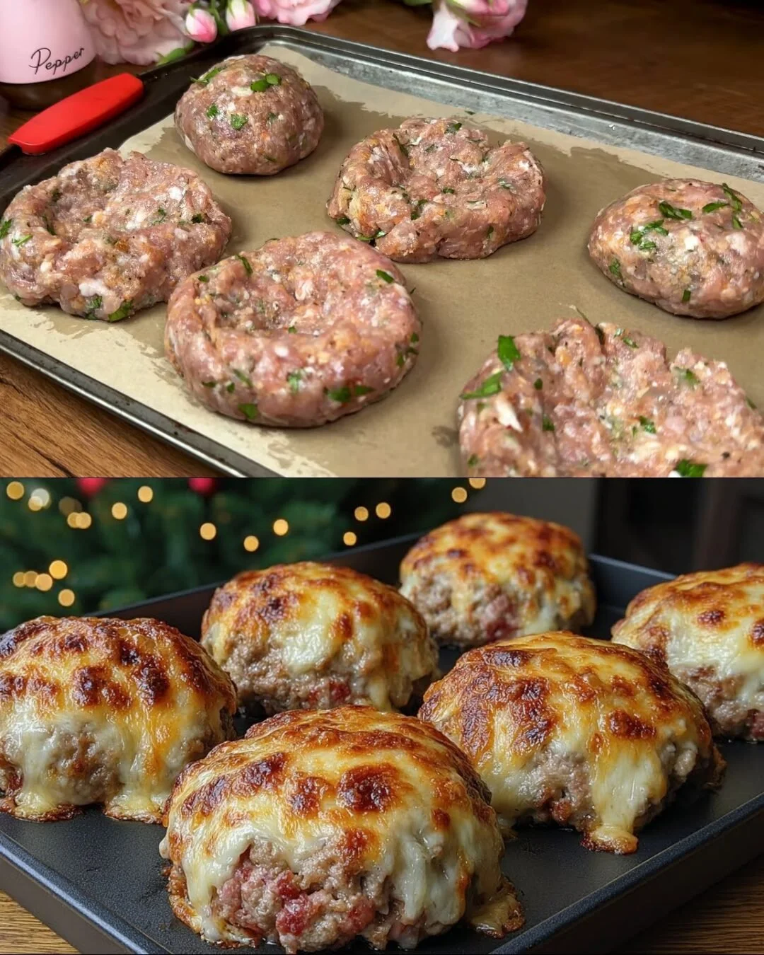 Gelaagde gehaktballen met champignon en spinazievulling op een bord