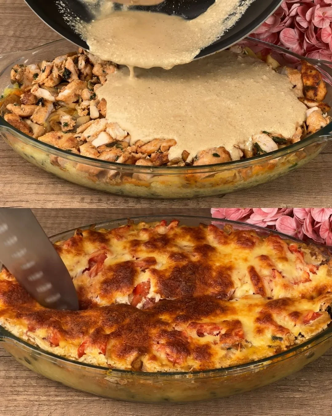 Gelaagde kip en groente casserole met romige champignon saus