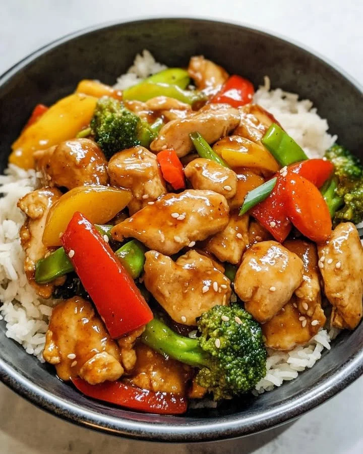 Glazuurde teriyaki kip roerbak met knapperige groenten en sesam gember