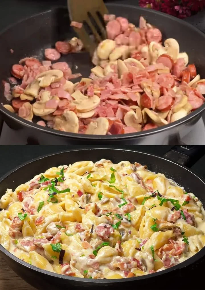 Italiaanse pasta met spek en champignons in een gerecht