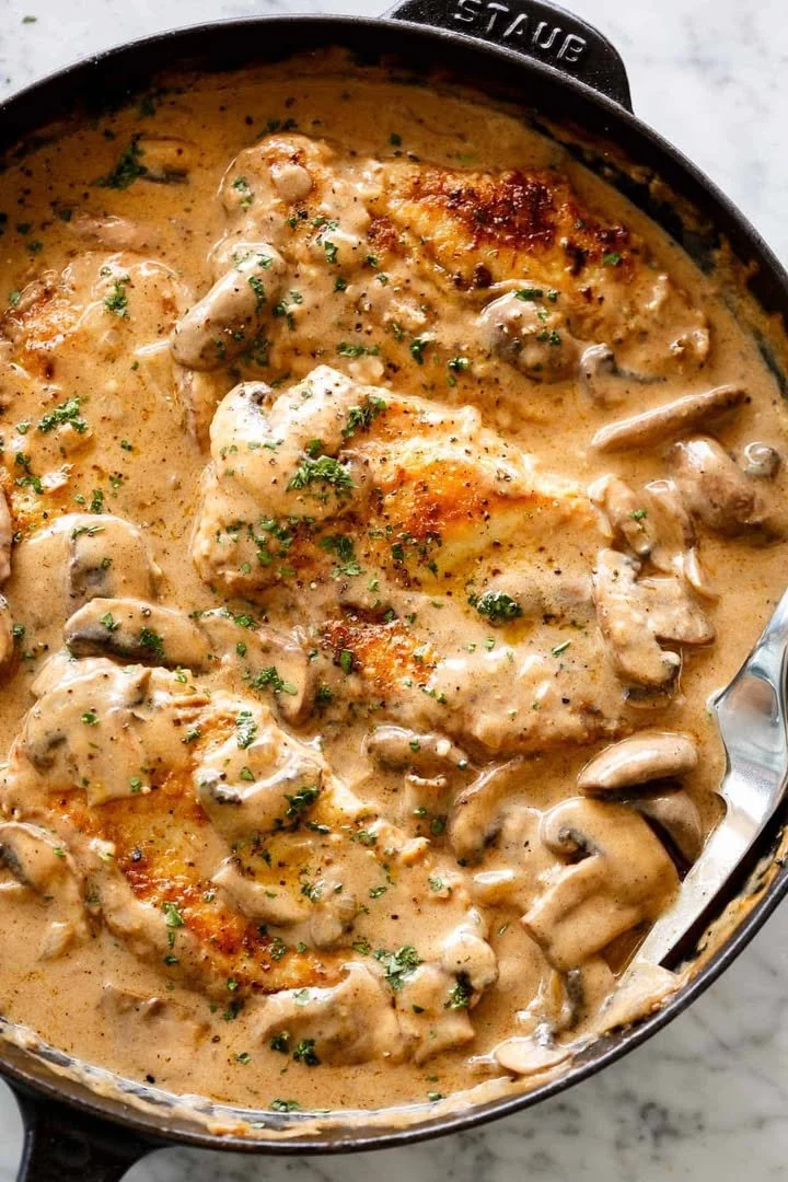 Kip Stroganoff geserveerd met pasta en kruiden