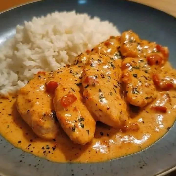 Kipfilet in romige chorizosaus geserveerd op een bord