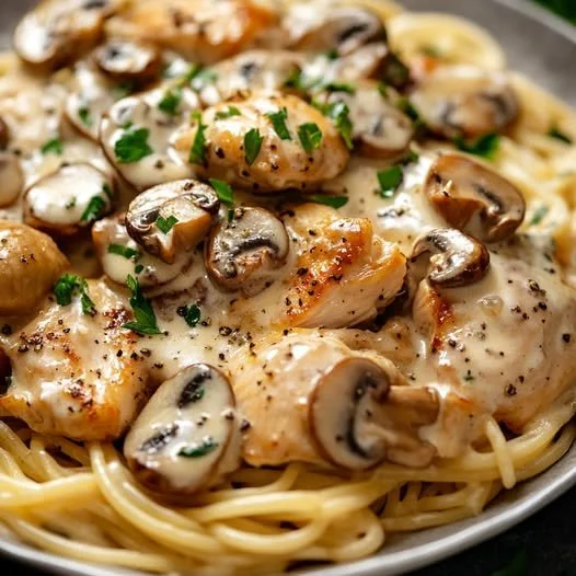 Heerlijk gerecht van kipfilet met champignons en spaghetti