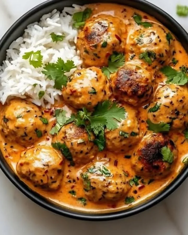 Kipgehaktballen met gember en pindasaus op een bord