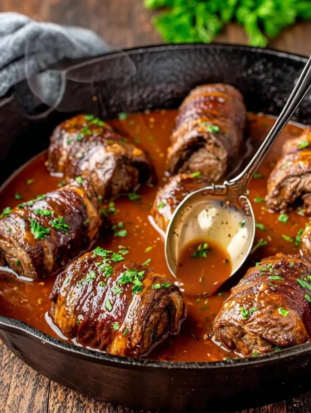 Klassieke runderrollade met kruiden en garnituur op een bord.