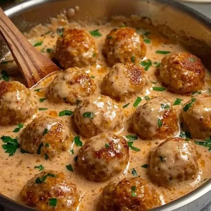 Kruidige kipgehaktballen in romige pepersaus met verse kruiden