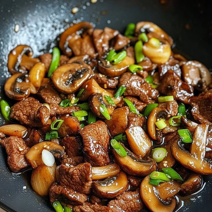 Roerbak van rundvlees met champignons in oestersaus, een smakelijk recept.