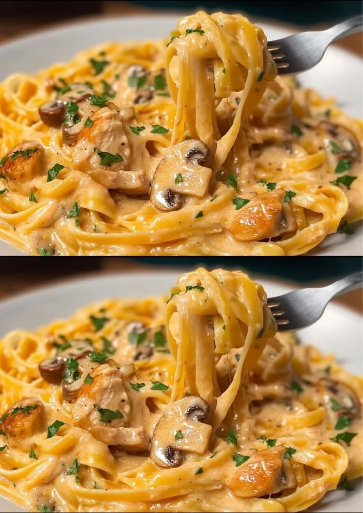 Romige kip pasta met verse ingrediënten en kruiden