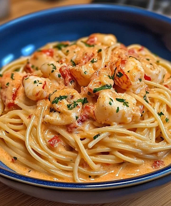 Romige kreeft linguine met knoflook parmezaansaus