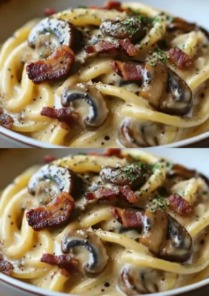 Romige pasta met spek en champignons, een smaakvol gerecht.
