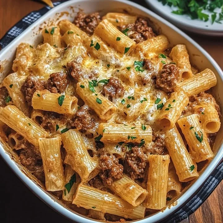 Romige rigatoni met rundvlees en Parmezaanse kaas, een smakelijk pasta gerecht.