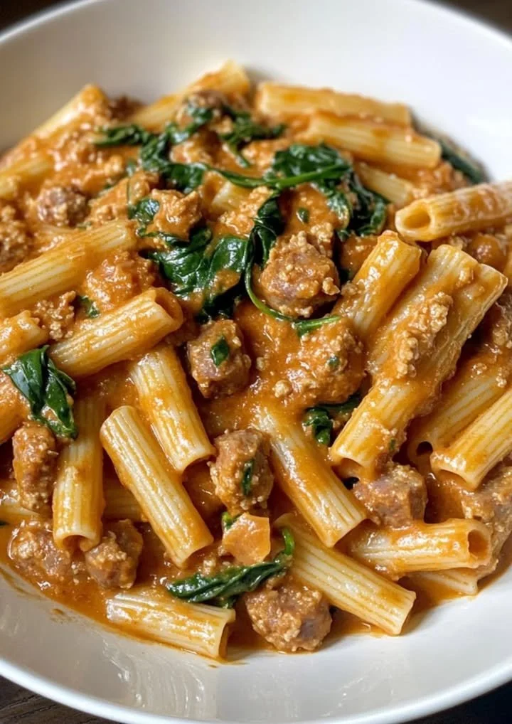 Romige worst rigatoni met heerlijke saus en toppings
