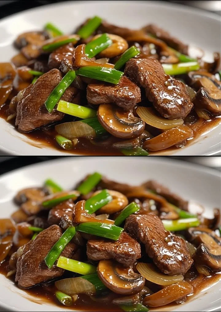Rundvlees met champignons op een bord, smakelijke maaltijd