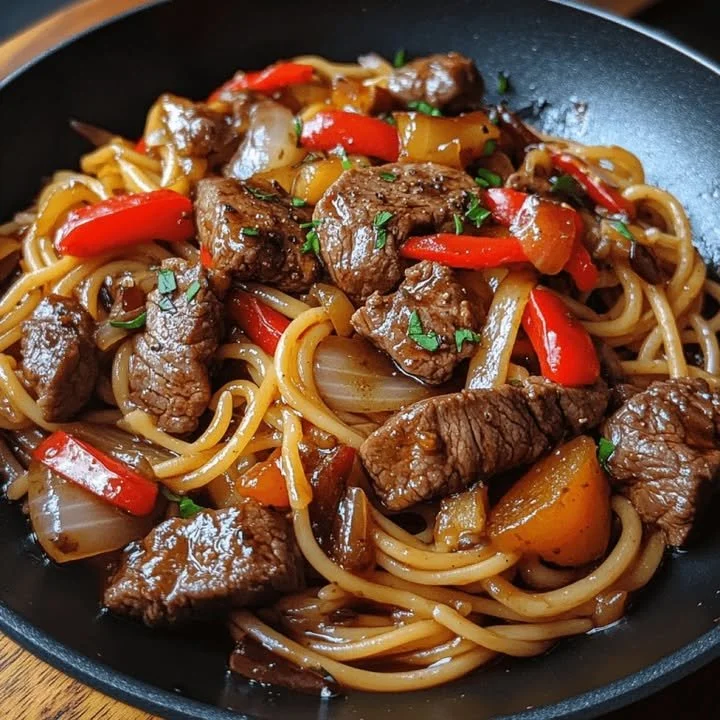 Snelle ossenhaas met Aziatische saus en linguine op een bord