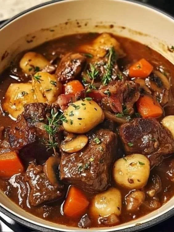 Een smakelijke stoofpot met aardappelen en wortelen in een gezellige pan.