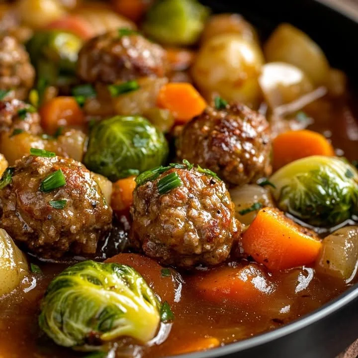 Stoofpotje van spruitjes en gehaktballen op een bord