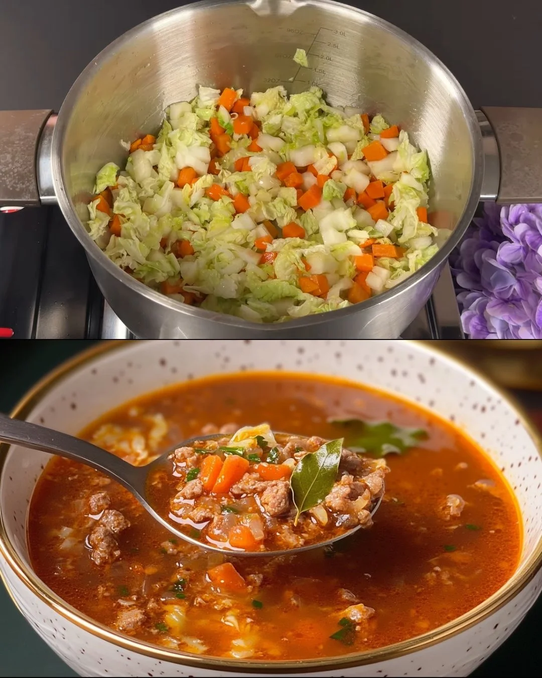 Heerlijke tomatensoep met rundvlees en rijst, geserveerd in een kom.