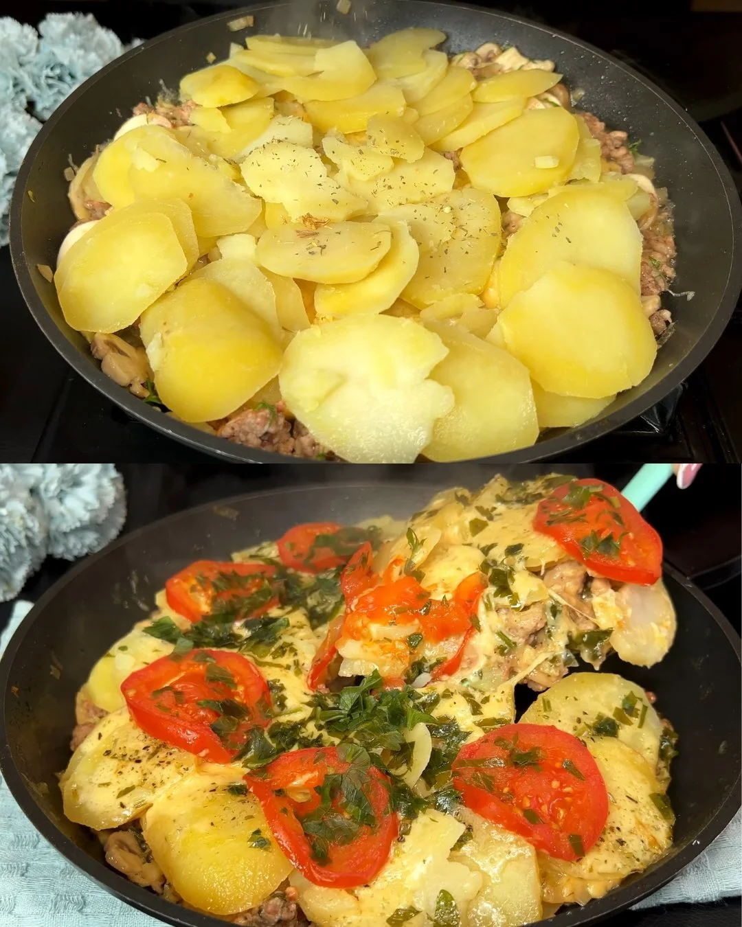 Varkensvlees ovenschotel met aardappelen, champignons en kaas-kruiden-tomatensaus