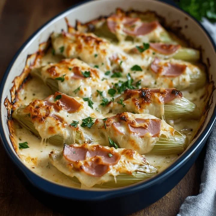 Heerlijke witlof- en hamgratin uit de oven, perfect voor een gezellige maaltijd.