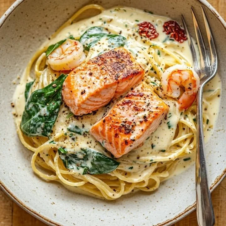 Een bord met Zalige Zalm Pasta, rijkelijk versierd met kruiden en groenten.