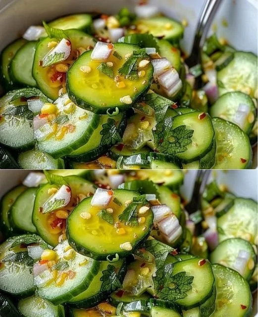 Verfrissende zomerse komkommersalade met groenten en dressing